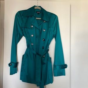 Teal satin women’s form fitting trench coat